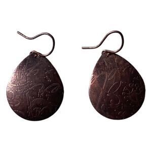 Floral Etched Copper Teardrop Dangle Earrings Rustic Antiqued